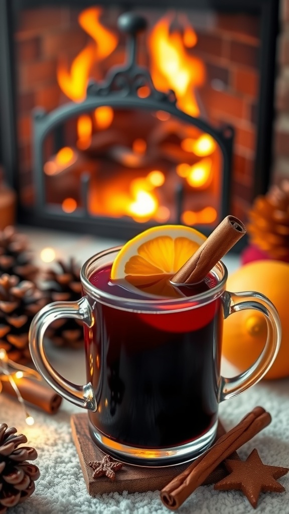 A mug of spiced mulled wine with citrus slices and a cinnamon stick, surrounded by festive decor.